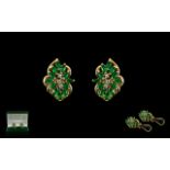 Ladies Pair of 14ct Gold Earrings - Set with Emeralds and Diamonds. Each Earring Marked 14ct.