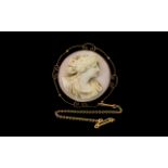 Victorian Period Very Pleasing and Attractive 9ct Gold Circular Mounted Cameo with Safety Chain.