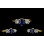 18ct Gold & Platinum Set Nice Quality & Attractive Three Stone Sapphire & Diamond Ring.