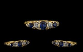 Antique Period - 18ct Gold Five Stone Excellent Quality Diamond and Blue Sapphire Set Dress Ring,