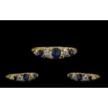 Antique Period - 18ct Gold Five Stone Excellent Quality Diamond and Blue Sapphire Set Dress Ring,