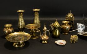 Box of Misc Brass Items - to include, electric lantern clock, Indian brass vases,