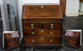 George II Oak Bureau Walnut Cross Banded Fall Front, Fitted Interior With Sliding Well,