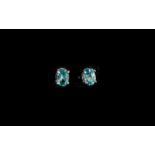 Blue Zircon Stud Earrings, two oval cut blue zircon solitaires, from zircon mines in Cambodia,