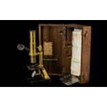 Antique Small Brass Students Microscope in a mahogany fitted box.