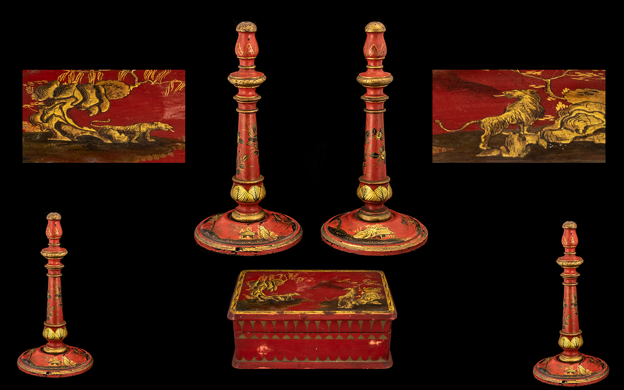 Red Lacquered Gilt Decorated Cigarette Box, depicting tigers to the lid,