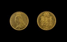 Queen Victoria Jubilee Head - Shield Back 22ct Gold Half Sovereign - Date 1887.