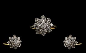 18ct Gold - Nice Quality and Attractive Diamond Set Cluster Ring, Flower head Setting.