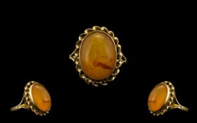 Ladies 9ct Gold Attractive Cabochon Cut Orange Chalcedony Dress Ring - excellent setting.