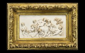 Large Decorative Panel in gilt ornate frame depicting putta with a classical lion subject.