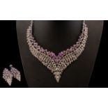 Purple Crystal Necklace and Drop Earrings Set,