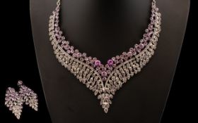 Purple Crystal Necklace and Drop Earrings Set,