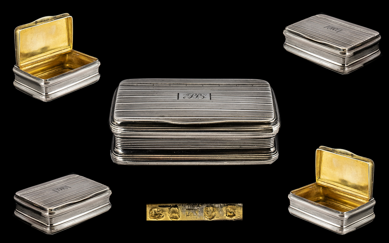 George III Regency Nice Quality Sterling Silver Hinged Snuff Box of rectangular shape with gilt