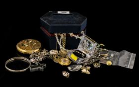 Collection of Vintage Costume Jewellery housed in a blue jewellery box, including chains, pendants,