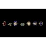 Seven Vintage Dress Rings - three with 9ct gold shanks with blue enamel. A/F.