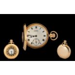 9ct Gold Demi Hunter Pocket Watch white porcelain dial , Roman Numerals with subsidiary seconds.