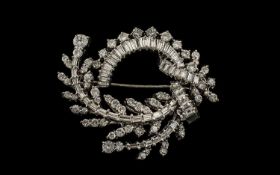 1950'S Period Signed and Stunning 14ct White Gold Baguette and Brilliant Cut Diamond Set Brooch of