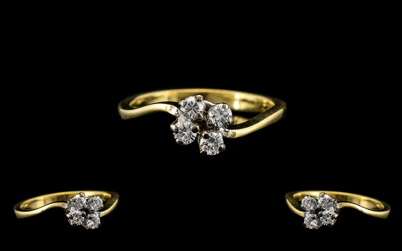 18ct Gold - Attractive and Petite 4 Stone Diamond Set Ring of Contemporary Design.