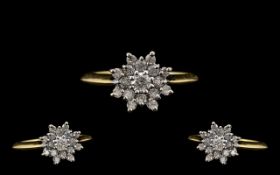 18ct Gold - Nice Quality and Attractive Diamond Set Cluster Ring - Flower head Setting.