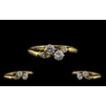 Ladies - Superb Quality and Pleasing 18ct Gold - Two Stone Diamond Set Ring with Diamond Set