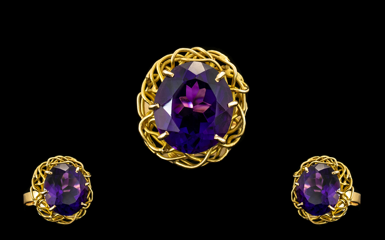 18ct Gold Superb Quality Single Stone Amethyst Set Dress Ring of stunning colour.