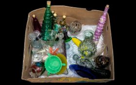 Box of Decorative Glassware including vintage jugs, bottles, vases, perfume bottles, owl figure,