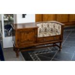 Oak Hall Table & Seat with a cupboard and upholstered seat with a drawer beneath.