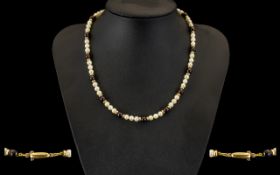 A Nice Quality - Necklace Set with Garnets / Pearls Complete with 9ct Gold Spacers and Clasp.