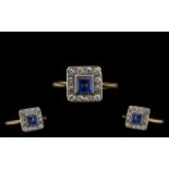 Art Deco Period 18ct Gold and Platinum Attractive Diamond and Blue Sapphire Set Dress Ring marked