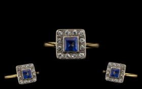 Art Deco Period 18ct Gold and Platinum Attractive Diamond and Blue Sapphire Set Dress Ring marked