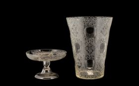 Victorian Cylindrical Shaped Etched Glass Vase of unusual form, engraved with floral motifs,