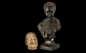 Large Plaster Bust of a Young Girl raised on a pedestal base and bronze finished. Height 22".