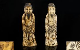 Japanese Early 20th Century Pair of Bone Figures ( 2 ) ' Fishermen ' With Large Fish. Each Signed to
