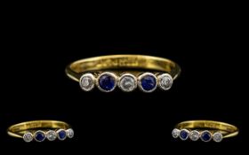 Art Deco Period - Attractive 18ct Gold and Platinum 5 Stone Diamond and Sapphire Set Period Ring