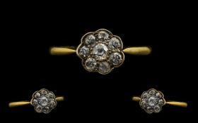 Antique Period 18ct Gold Attractive Diamond Set Cluster Ring flowerhead design. Marked 18ct gold.