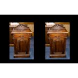 A Matched Pair of Mahogany Bedside Cabinets with a drawer with brass drop handles and a shaped