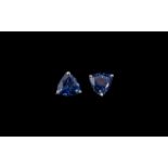 Ceylon Blue Coloured Quartz Stud Earrings, trillion cut solitaires of 3.