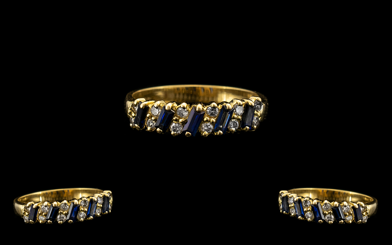 18ct Gold - Attractive Sapphire and Diamond Dress Ring, Channel Setting.