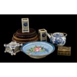 Four Small Oriental Blue & White Vases, with two oriental wood stands and a blue decorated dish.