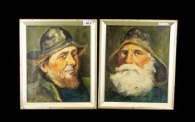 Pair of Victorian Oil Paintings on Canvas - depicting old fisherman portrait characters.