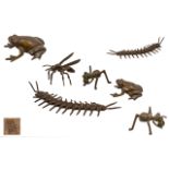 Japanese Fine Quality Collection of Minature Bronze Insects and Water Figure,