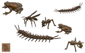 Japanese Fine Quality Collection of Minature Bronze Insects and Water Figure,