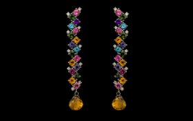 18ct Gold - Superb Fashion Pair of Tutti - Frutti and Diamond Set Earrings / Drops,