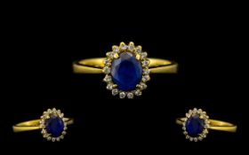 18ct Gold - Superb and Attractive Blue Sapphire and Diamond Set Dress Ring,