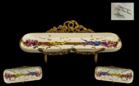 A Late 19thC Ceramic Pen Tray Limoges Hand Painted Floral Decoration , ormolu mounted.