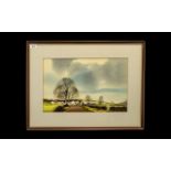 J R Hurley Signed Watercolour depicting an English rural farm scene in autumn.