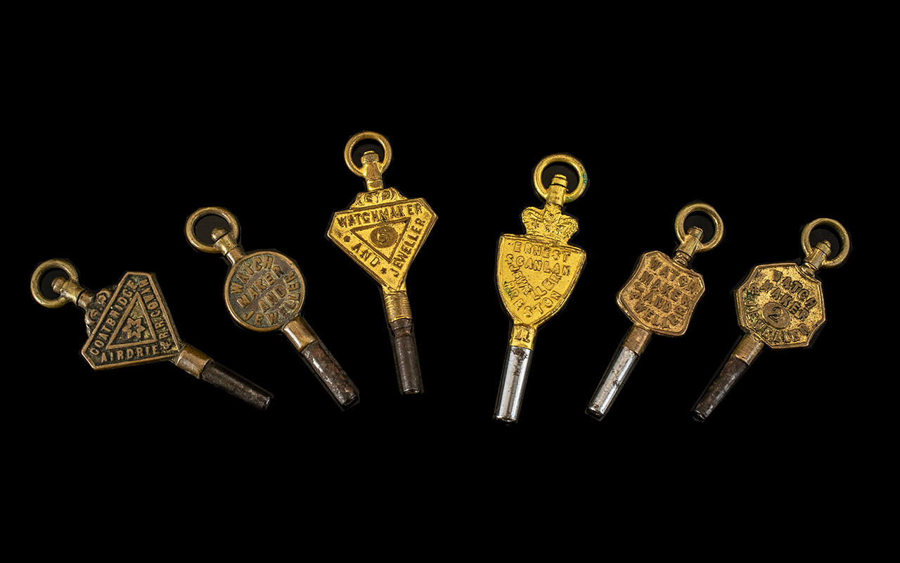 A Collection of 6 Victorian Watch Keys all advertising jewellery.