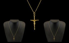 18ct Gold Cross with Attached 14ct Gold Long Chain - gold cross marked 18ct.