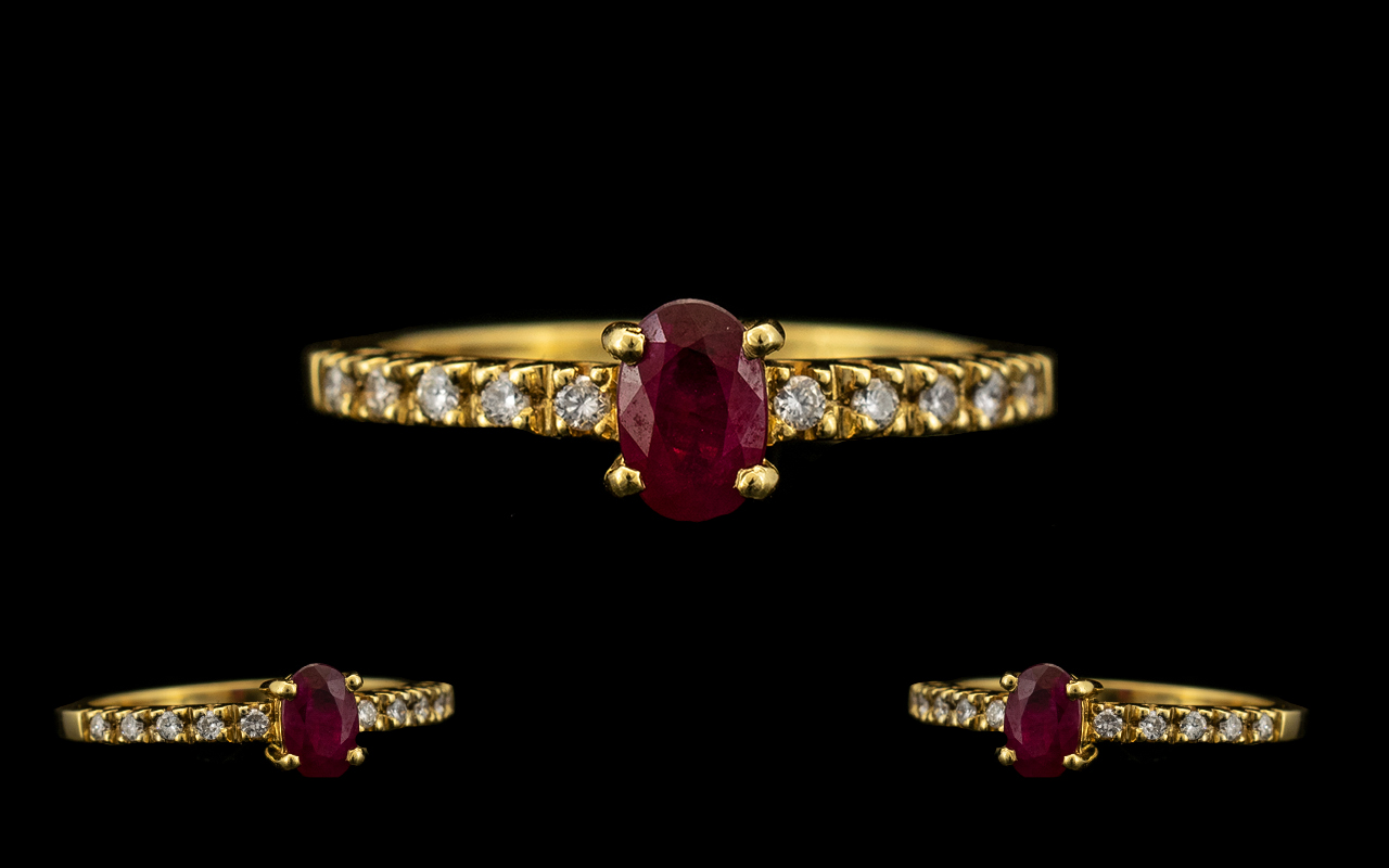 Ladies Attractive Contemporary Design - 18ct Gold Ruby and Diamond Set Dress Ring.