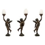 Antique Bronzed Spelter Winged Putti/Cupid Figure converted into a lamp and mounted on a marble